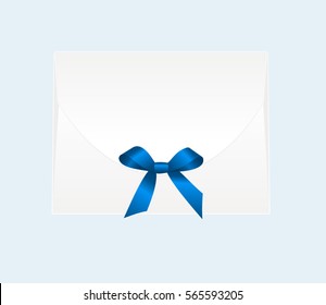 Envelope with Shiny Blue Satin Bow.  Illustration isolated on white background. Vector image.