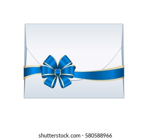 Envelope with Shiny Blue Satin Bow.  Illustration isolated on white background.