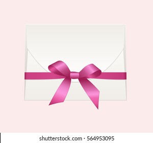 Envelope with Shiny Pink Satin Bow.  Has space for text .Illustration isolated on background. Vector image.