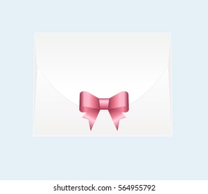 Envelope with Shiny Pink Satin Bow.  Has space for text .Illustration isolated on blue background. Vector image.