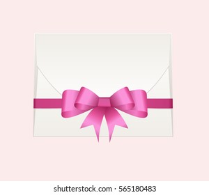 Envelope with Shiny Pink Satin Bow.  Has space for text .Illustration isolated on background. Vector image.