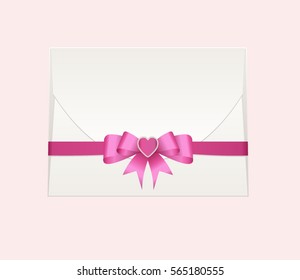 Envelope with Shiny Pink Satin Bow.  Has space for text .Illustration isolated on background. Vector image.