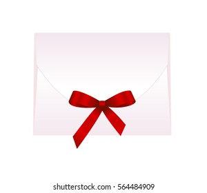 Envelope with Shiny Red Satin Bow  Has space for text .Illustration isolated on white background.