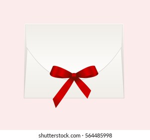 Envelope with Shiny Red Satin Bow. Illustration isolated on pink background. Vector image.