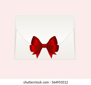 Envelope with Shiny Red Satin Bow.  Has space for text .Illustration isolated on background. Vector image.