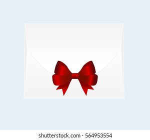 Envelope with Shiny Red Satin Bow.  Has space for text .Illustration isolated on blue background. Vector image.