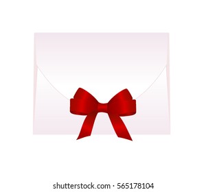 Envelope with Shiny Red Satin Bow. Illustration isolated on white background. 