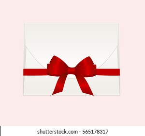 Envelope with Shiny Red Satin Bow. Illustration isolated on  background. Vector image.