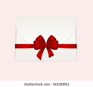 Envelope with Shiny Red Satin Bow.  Illustration isolated on background. Vector image.