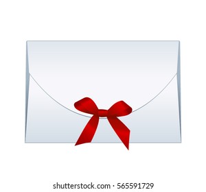 Envelope with Shiny Red Satin Bow.  Illustration isolated on white background. Vector image.