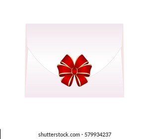 Envelope with Shiny Red Satin Bow. Illustration isolated on white background. Vector image.
