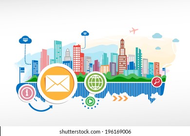 Envelope sign and cityscape background with different icon and elements. Design for the print, advertising.