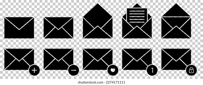 Señales de sobres. Conjunto de iconos de correo. Ilustración del vector aislada en fondo transparente