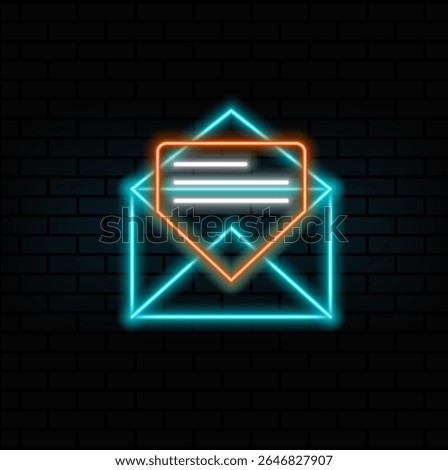 envelope silhouette with mail sheet and sign vector illustration. neon style.Email, marketing, contact us.