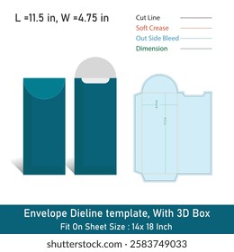 Envelope Size 11.5 x 4.75, Dieline template, With 3D Box, Vector File