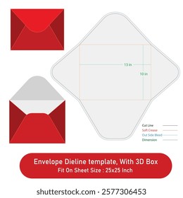 Envelope Size 13 x 10 in, Dieline template, With 3D Box, Vector File