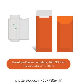 Envelope Size 4 x 9 in, Dieline template, And 3D Box