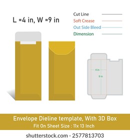 Envelope Size 4 x 9 in, Dieline template, With 3D Box, vector file
