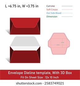 Envelope Size 6.75 x 3.75, Dieline template, With 3D Box, Vector File