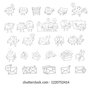 Envelope sketch big set hand-drawn character. Mailing subscription. Handwritten black line.