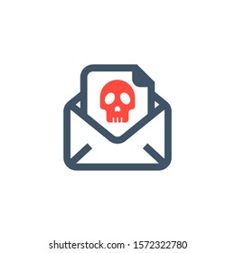 Envelope With Skull Icon. Virus, Malware, Email Fraud, E-mail Spam, Phishing Scam, Hacker Attack Concept. Electronic Mail, Email Envelope Containing Spam, Virus Or Phishing Message