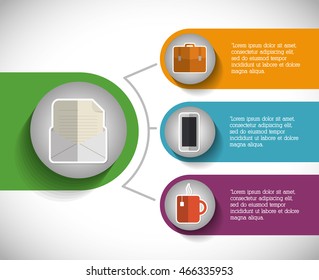 envelope smartphone suitcase mug infographic step office icon. Flat and Colorfull illustration. Vector graphic