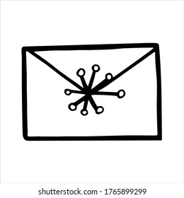 Envelope with snowflake, isolated simple hand drawn vector illustration in black and white doodle style 