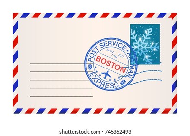 Envelope with Snowflake stamp and Boston postmark. Vector 3d illustration isolated on white background