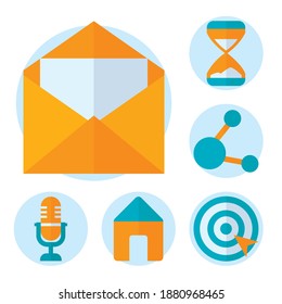 sobre y conjunto de iconos de medios sociales sobre fondo blanco, estilo plano, ilustración vectorial