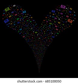 Envelope source stream. Vector illustration style is flat bright multicolored iconic envelope symbols on a black background. Object fountain created from random icons.