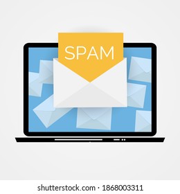 Envelope with spam. Spam Email Warning Window On Laptop Screen. Vector Illustration