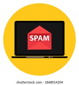 Envelope with spam. Spam Email Warning Window On Laptop Screen. Vector Illustration.