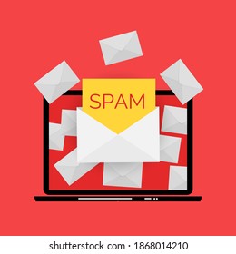 Envelope with spam. Spam Email Warning Window On Laptop Screen. Vector Illustration