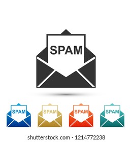 Envelope with spam icon isolated on white background. Concept of virus, piracy, hacking and security. Set elements in colored icons. Flat design. Vector Illustration