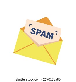 Envelope With Spam Isolated on White Background. Email Warning, Virus, Piracy, Hacking And Security Concept. Website or E-mail Protection, Anti-malware Software. Cartoon Vector Illustration