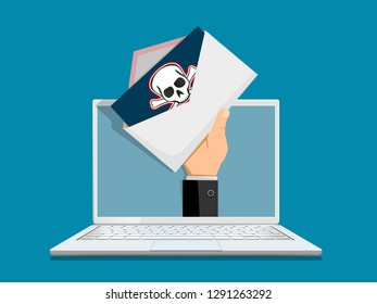 Envelope with spam on laptop screen. Pirate sign skull and crossbones at the mail. Vector illustration.