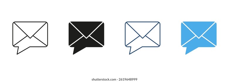 Envelope With Speech Bubble Icon Set. Email Communication And Messaging Outline And Silhouette Symbol Collection. Digital Correspondence And Chat Interface. Isolated Vector Illustration.
