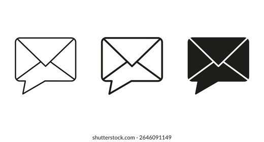 Envelope With Speech Bubble Line and Solid Icon Set. Email Communication, Messaging, Chat Interaction Outline And Silhouette Symbol Collection. Digital Correspondence. Isolated Vector Illustration.