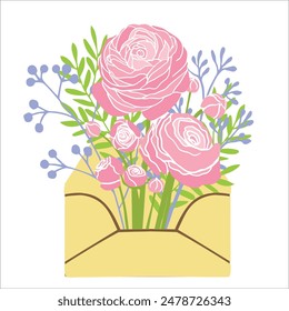 envelope spring bouquet. spring mood vector flat illustration. Blooming plant gift symbol isolated. Flower holiday symbol for greeting card, mothers, gift label, spring, 8 march