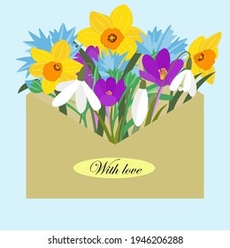 Sobre con flores primaverales. Flores, gotas de nieve, flores de maíz, cocodrilos en un sobre de correo. Postcard por felicitaciones y confesiones. Con amor, Vector.