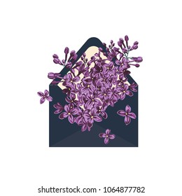Envelope with spring greenery, lilac. Hand painted floral card with flower, white background. For design, print or fabric.
