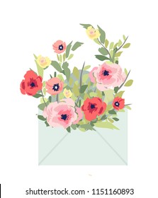 Envelope with spring summer greenery. Can be used as invitation card or wedding, birthday and other holidays. Hand painted floral card with flower on white background.