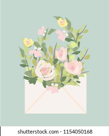 Envelope with spring summer greenery. Hand painted floral card with flower.Can be used as invitation card or wedding, birthday and other holidays.