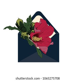 Envelope with spring summer greenery, tropical hibiscus flower. Hand painted floral card with flower on white background. Can be used as invitation card or wedding, birthday and other holidays.