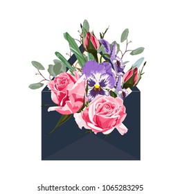 Envelope with spring summer greenery, viola, roses and eucalyptus. Hand painted floral card with flower on white background. Can be used as invitation card or wedding, birthday and other holidays.