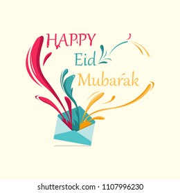Envelope Sprite Eid Mubarak Greeting with mosque and Cartoon designs style Eid Mubarak Colorful. Modern Eid Mubarak Greeting Card. Vector lettering with red green yellow style for ramadan kareem