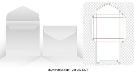 Modelo cuadrado del sobre que empaqueta los fondos blancos aislados de la maqueta 3D del diseño de Plantilla troquelado para empaquetar la marca, diseños únicos del compartimiento de productos, tenedor conceptual minimalista, paquetes de la papelería