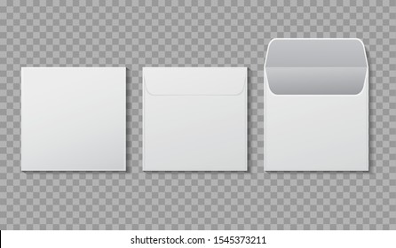 Envelope Square Shape Mockup. Template Paper Letter, Folder. Standard White Blank Letter Envelopes. Open Vertical And Horizontal Envelope Letter Design Mockup For Office, Mail. Isolated Vector Eps10