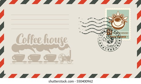 an envelope with a stamp for a coffee house with a vintage image steam locomotive and cups