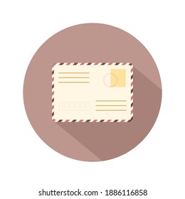 Envelope with stamp. E-mail icon. Retro postcard and craft paper. Written letter or correspondence. Vector illustration in flat cartoon style